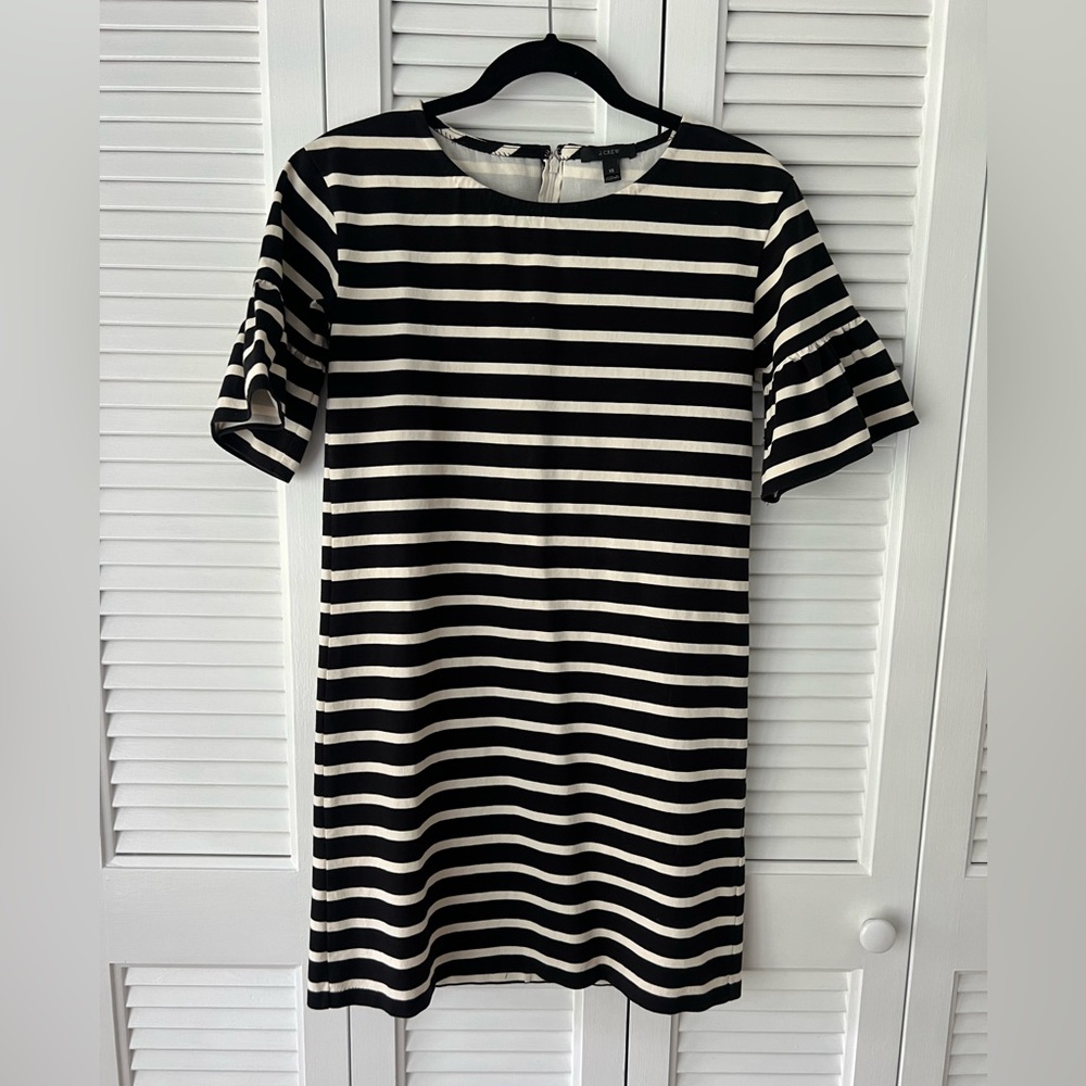 JCrew dress, black and off-white stripes, ruffle sleeves, size XS